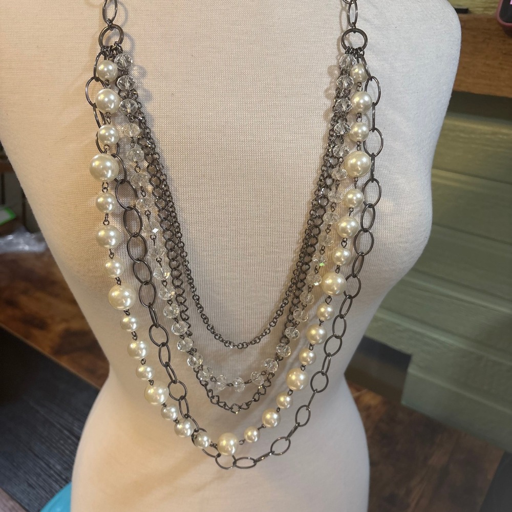 Gunmetal‎ Multi Strand Statement Necklace Faux Pearl & Clear Bead Layered Chain